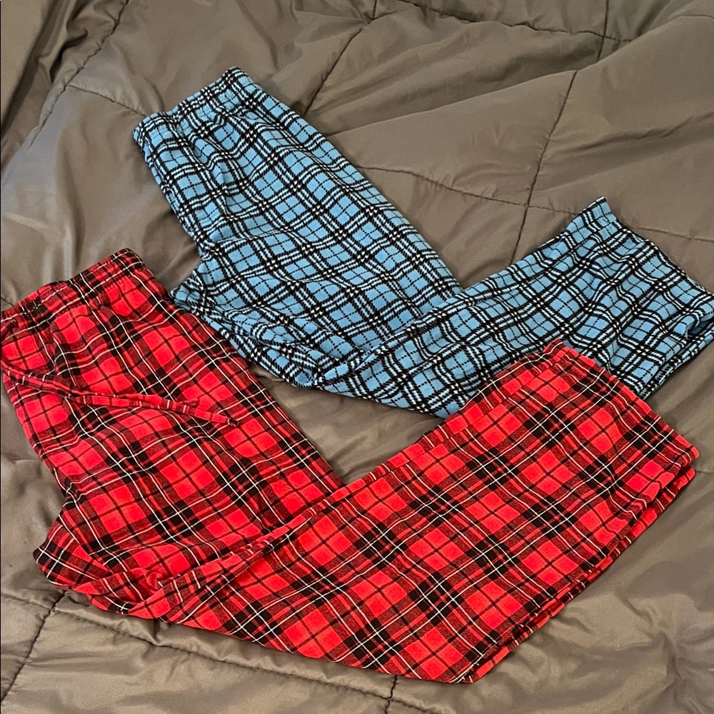 Set of 2 red and blue plaid Fleece Flannel Sweatpants